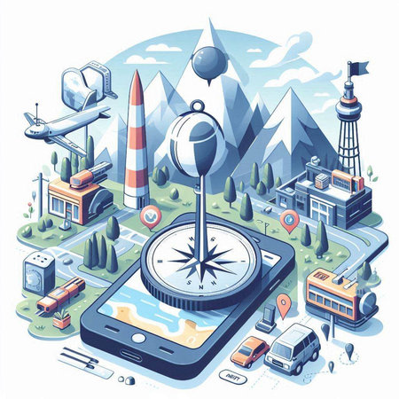 Navigation isometric concept with map, compass, lighthouse, airplane, car and mountains on background vector illustrationのイラスト素材