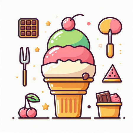 Ice cream in a waffle cup. Colorful vector illustration.のイラスト素材