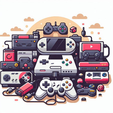 Vector illustration of a set of video game controllers and game console.のイラスト素材