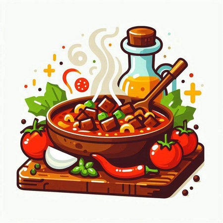 Beef stewed with vegetables and spices in a bowl. Vector illustration.のイラスト素材