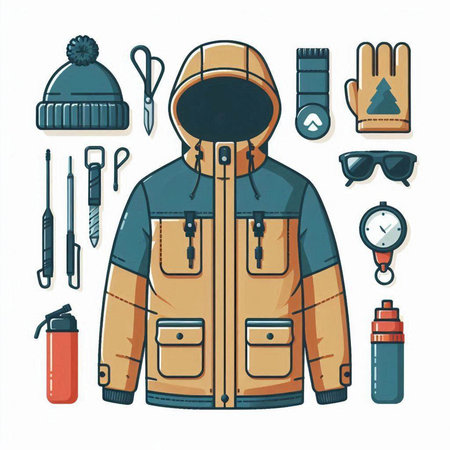 Winter clothes and accessories. Vector illustration in a flat style on a white background.のイラスト素材