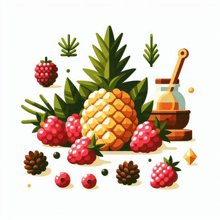 Pineapple, raspberry, honey, pomegranate, pine cone. Vector illustrationのイラスト素材
