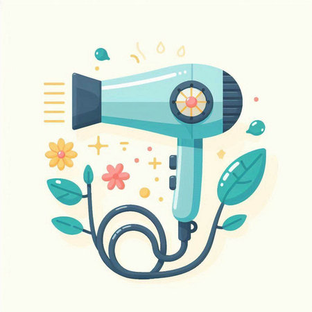 Hair dryer with flowers and leaves. Flat style vector illustration.のイラスト素材