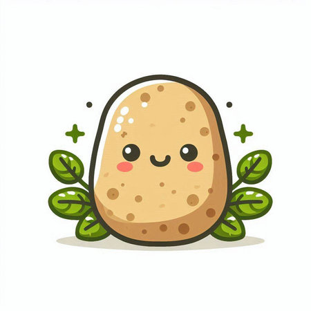 Cute potato character with green leaves on white background. Vector illustration.のイラスト素材