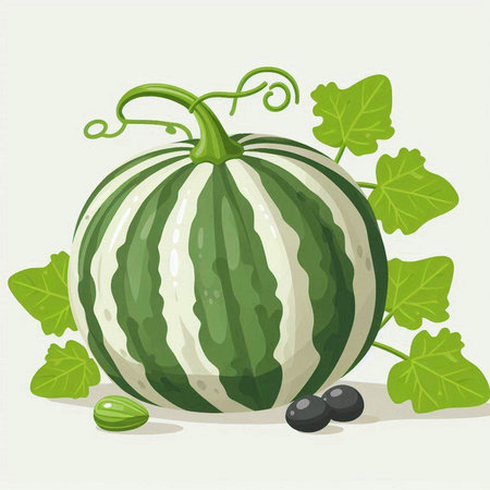 Watermelon with green leaves and black olives. Vector illustration.のイラスト素材