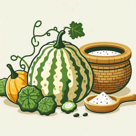 Illustration of pumpkins, squash, cucumber, salt and wooden bowlのイラスト素材