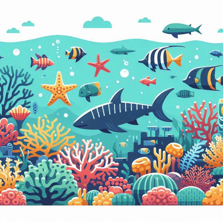 Underwater world with corals, fish and sharks. Vector illustration.のイラスト素材