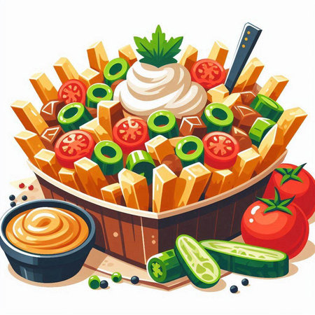 Illustration of a bowl of vegetable salad with mayonnaise and ketchupのイラスト素材
