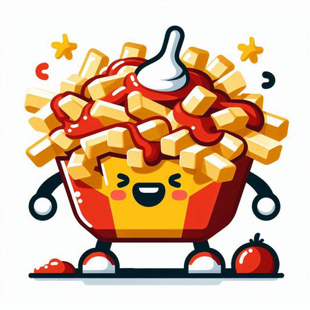 Cute cartoon illustration of a bowl of french fries with ketchupのイラスト素材