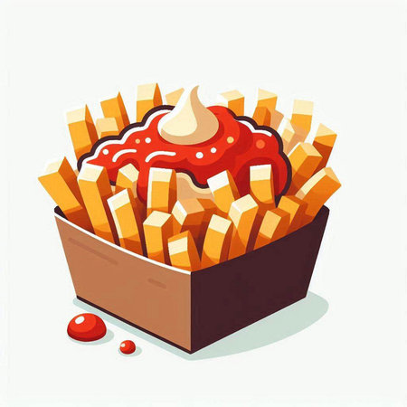 Illustration of french fries with ketchup and mayonnaise.のイラスト素材