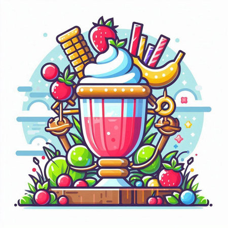 Vector illustration of milkshake with ice cream, waffle cones, fruits and berries on white background.のイラスト素材