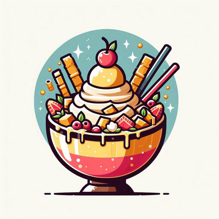 Vector illustration of ice cream in a bowl with ice cream, cherry and chopsticks.のイラスト素材