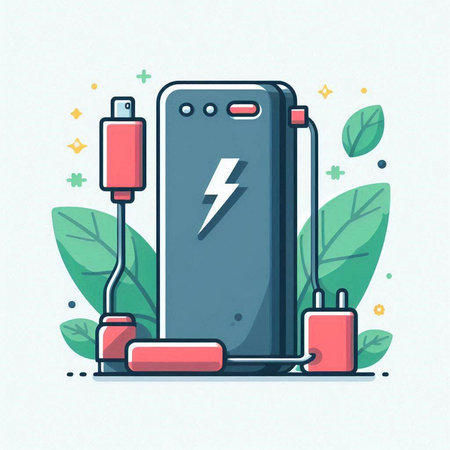Charging battery of power bank. Flat line style vector illustration.のイラスト素材