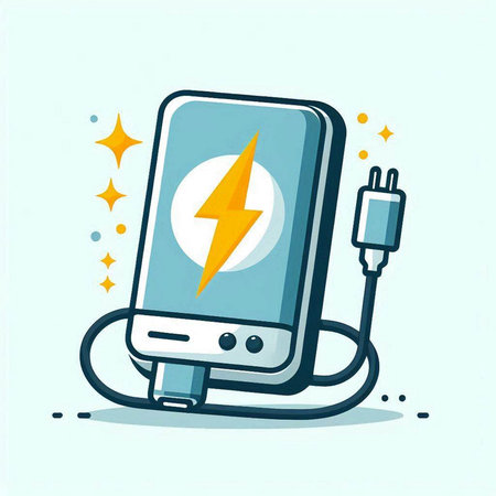 Smartphone charging battery with power cable. Vector illustration in cartoon style.のイラスト素材