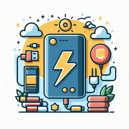 Smartphone with power supply. Flat line design style vector illustration.のイラスト素材