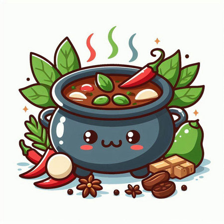 Cute cartoon vector illustration of spicy chili soup in a pot.のイラスト素材