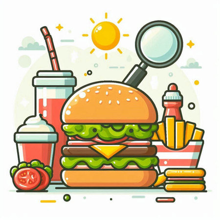 Fast food concept. Hamburger, cola, french fries and magnifying glass. Vector illustrationのイラスト素材