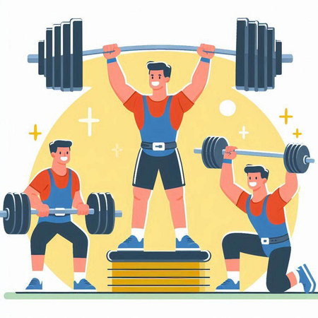 Sporty men doing exercise with barbell. Flat vector illustration.のイラスト素材