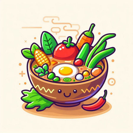 Cartoon vector illustration of bowl of soup with vegetables and eggs.のイラスト素材