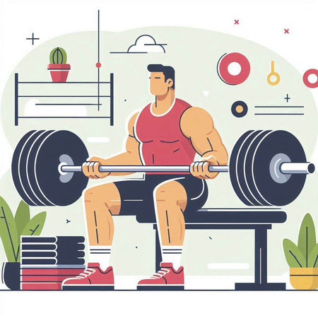 Man lifting a barbell in the gym. Flat vector illustration.のイラスト素材