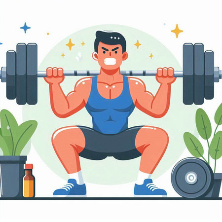 Man doing exercises with barbell. Vector illustration in flat style.のイラスト素材