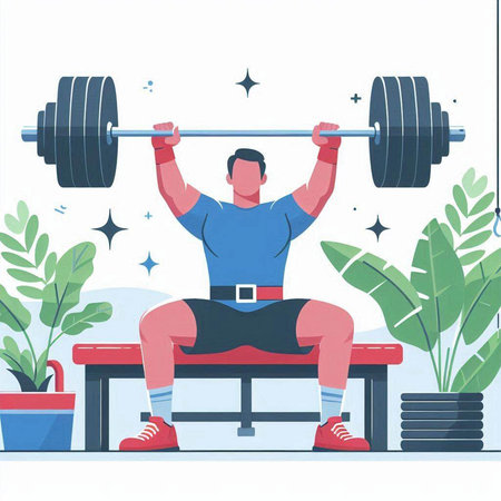 Fitness man lifting barbell at gym. Flat style vector illustration.のイラスト素材