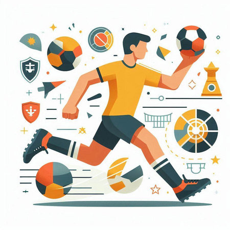 Soccer player running with ball. Vector illustration in flat style.のイラスト素材