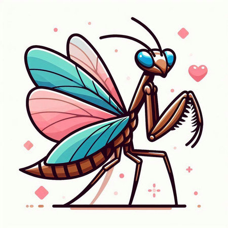Praying mantis, vector illustration on white background with hearts.のイラスト素材