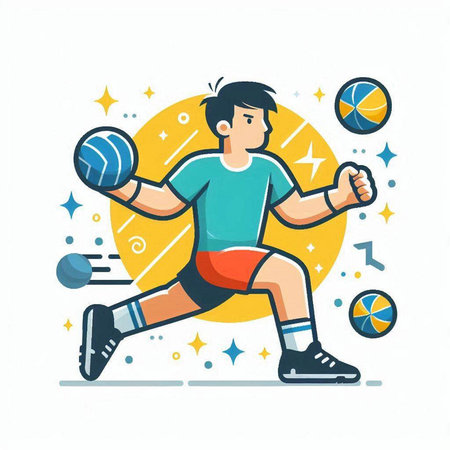 Handball player. Vector illustration in flat style. Isolated on white background.のイラスト素材