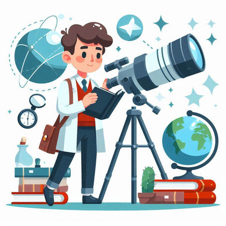 Scientist boy with telescope and globe. Cartoon vector illustration isolated on white background.のイラスト素材
