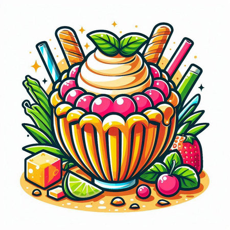 Cupcake with whipped cream and fruit. Colorful vector illustration.のイラスト素材
