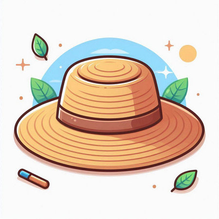 Illustration of a straw hat on a white background with leaves.のイラスト素材