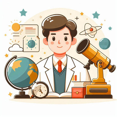 Scientist with telescope and globe. Vector illustration in cartoon style.のイラスト素材