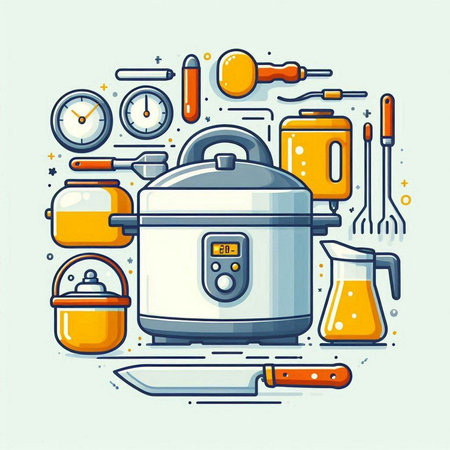 Vector illustration of kitchen utensils and tools in line art styleのイラスト素材