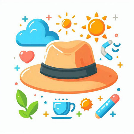 Summer hat with sun, clouds, sun and coffee. Vector illustrationのイラスト素材