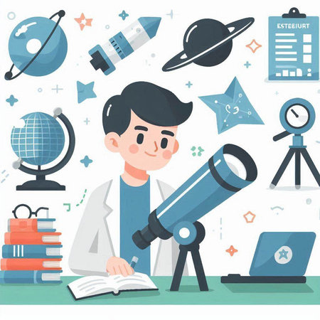 Scientist with telescope. Vector illustration in flat cartoon style. Education concept.のイラスト素材