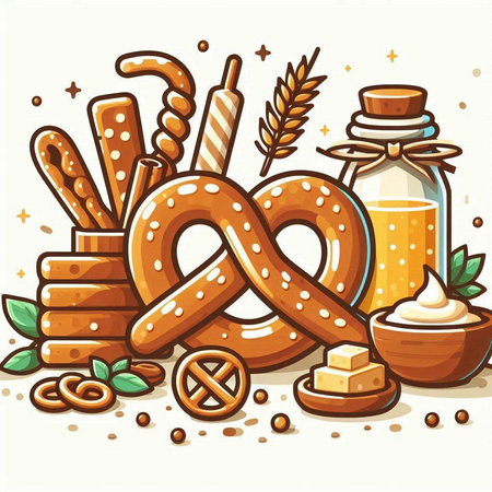 Bakery background with pretzels, bread, butter and other productsのイラスト素材