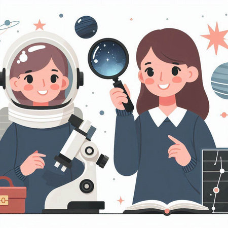 Astronaut and girl with magnifying glass, vector illustration.のイラスト素材