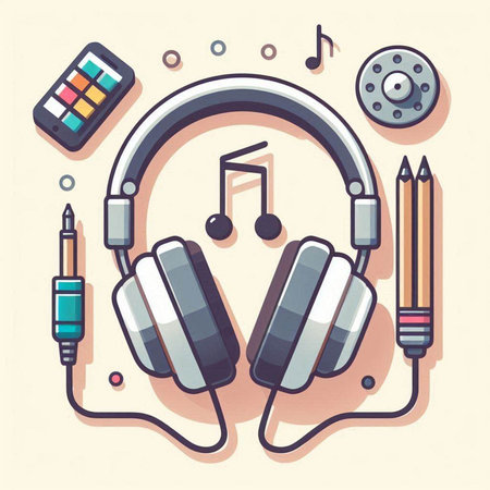 Headphones and music icons. Vector illustration in flat design style.のイラスト素材