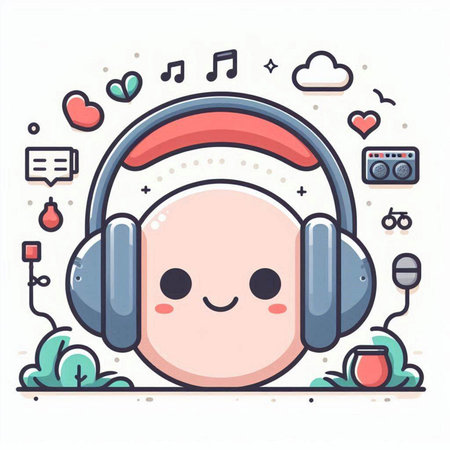 Cute Cartoon Headphones Vector Line Icon Illustration. Music Conceptのイラスト素材