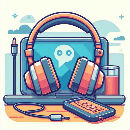 Laptop with headphones and smartphone. Vector illustration in flat style.のイラスト素材