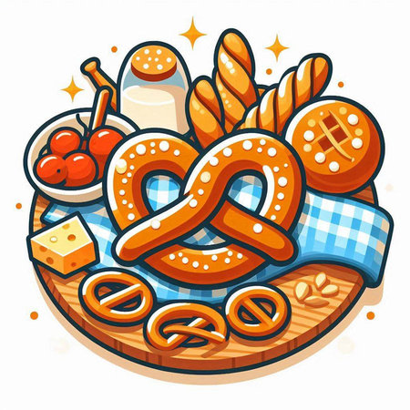 Bavarian food icon with pretzels, cheese, buns and jam. Vector illustration.のイラスト素材