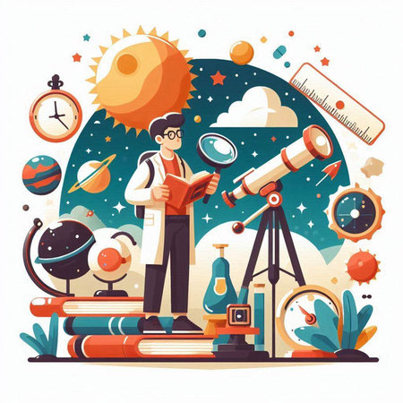 Astronomy, science and education flat vector illustration. Cartoon scientist with telescope, telescope, solar system, planets, moon, stars, solar system. Astronomy and science conceptのイラスト素材