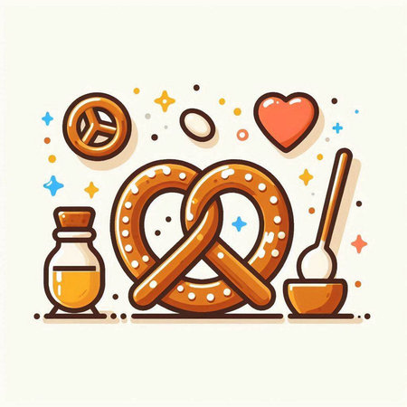 Bavarian pretzels with spices and hearts. Vector illustration.のイラスト素材