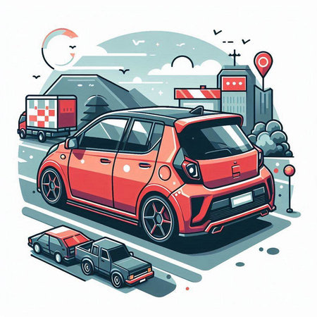Vector illustration of a red car on a city street. Side view.のイラスト素材