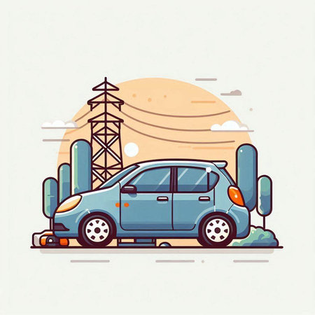 Car on the road in the desert. Vector illustration in retro style.のイラスト素材