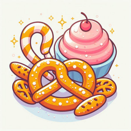 Pretzel, ice cream, candy and cookies. Vector illustration.のイラスト素材