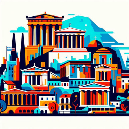 Athens Greece city skyline in flat style. Colorful vector illustration.のイラスト素材