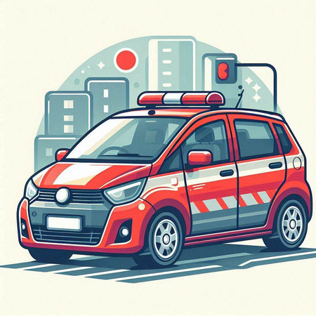 Vector illustration of a red police car on the background of the city.のイラスト素材