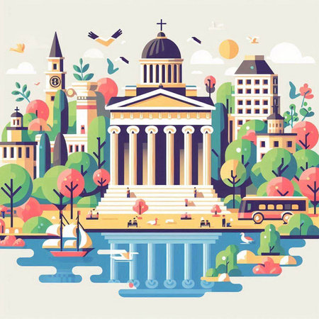 City landscape with buildings, river and birds. Vector illustration in flat styleのイラスト素材